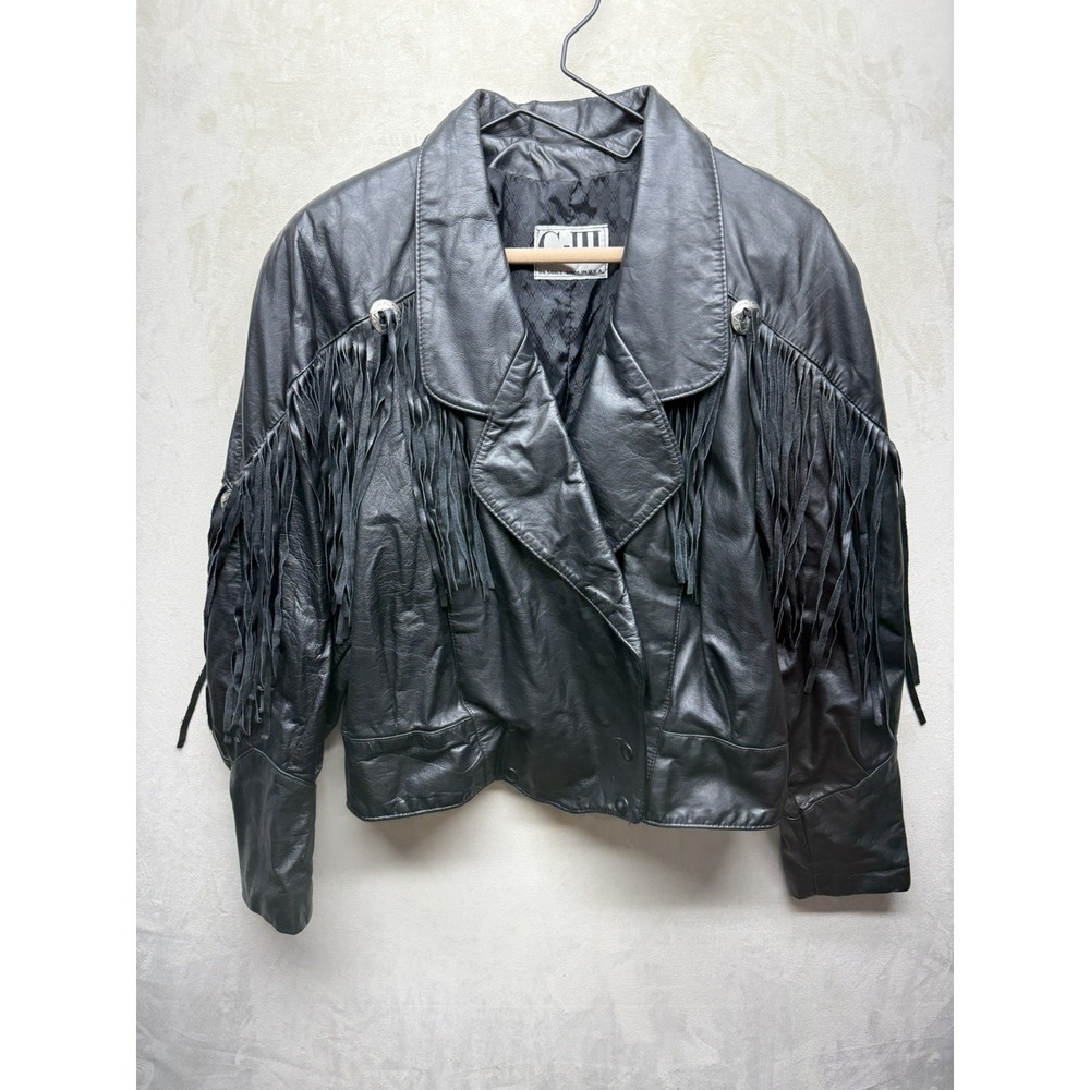 Vintage 80s G-III Leather Jacket Women's Large Black Fringe Cropped Concho Biker